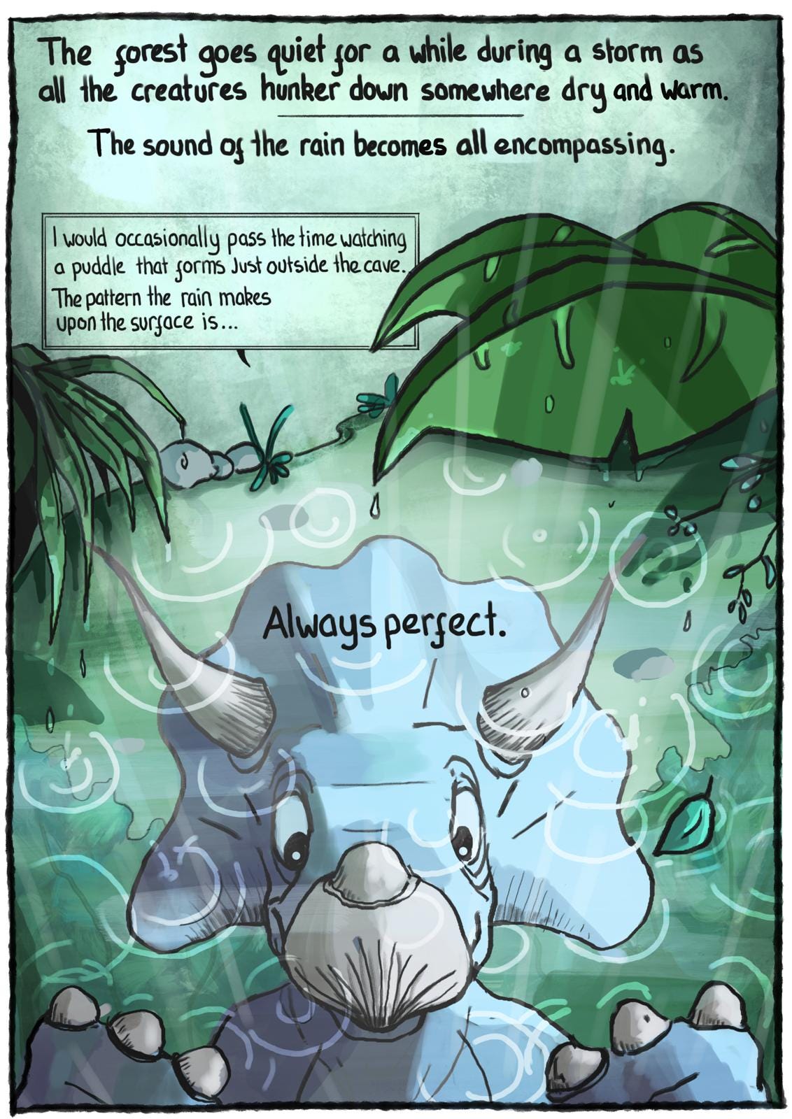 A digital illustration of a blue Triceratops looking down into a rainy puddle. A digital illustration of a blue Triceratops looking down into a rainy puddle.