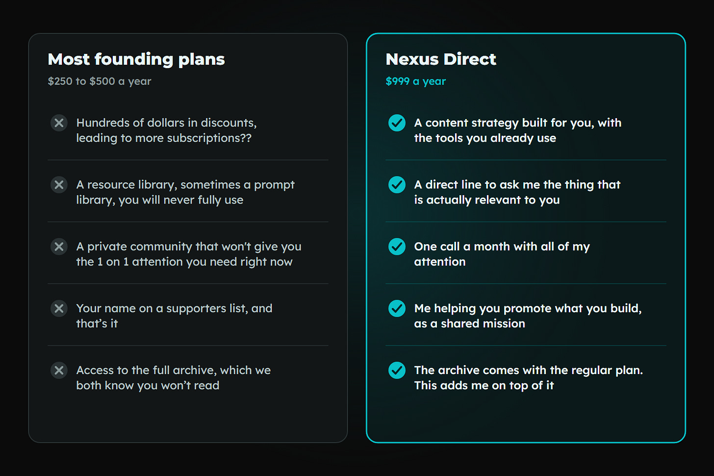 A side-by-side comparison. Most founding plans cost $250 to $500 a year and offer tool credits, resource libraries, a big Slack and priority email replies. Nexus Direct costs $999 a year for no more than 20 people and offers a content strategy, a direct line, a monthly call and help promoting what you build. A side-by-side comparison. Most founding plans cost $250 to $500 a year and offer tool credits, resource libraries, a big Slack and priority email replies. Nexus Direct costs $999 a year for no more than 20 people and offers a content strategy, a direct line, a monthly call and help promoting what you build.