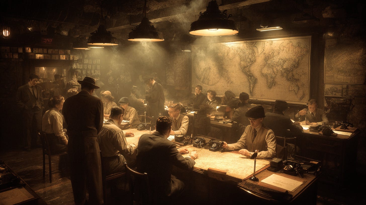 Winston Churchill smoking a Cuban cigar in a WWII war room with advisors, surrounded by maps and smoke Winston Churchill smoking a Cuban cigar in a WWII war room with advisors, surrounded by maps and smoke