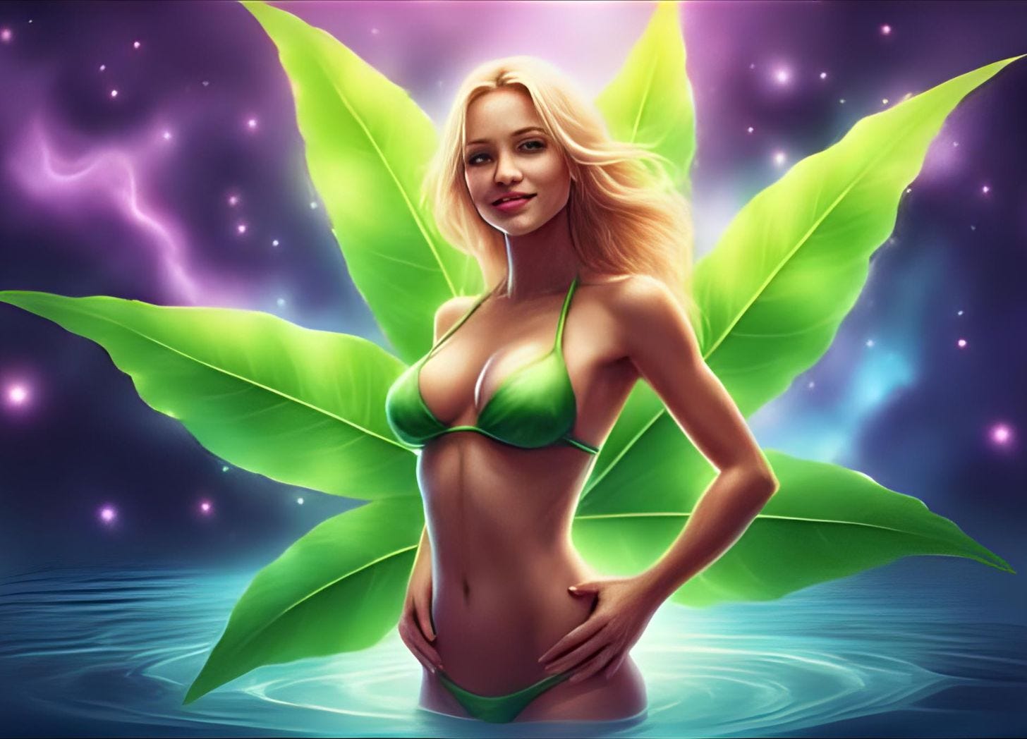 A beautiful, slender woman with blonde hair, brown eyes, and medium-sized breasts wears a bikini set against a psychedelic background, featuring a six-pointed green leaf behind her. 