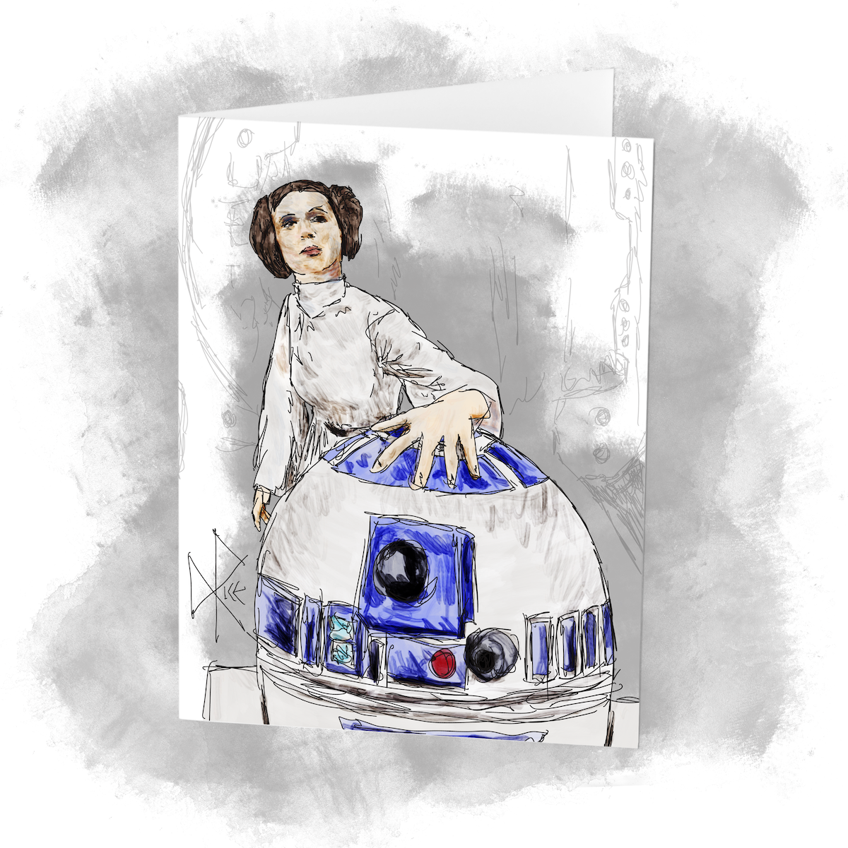 Standing behind R2-D2, Princess Leia places her hand on top of the droid to help it stop its trembling as they wait in hiding aboard the captured Tantive IV. Sketch art by Don Rice. Standing behind R2-D2, Princess Leia places her hand on top of the droid to help it stop its trembling as they wait in hiding aboard the captured Tantive IV. Sketch art by Don Rice.