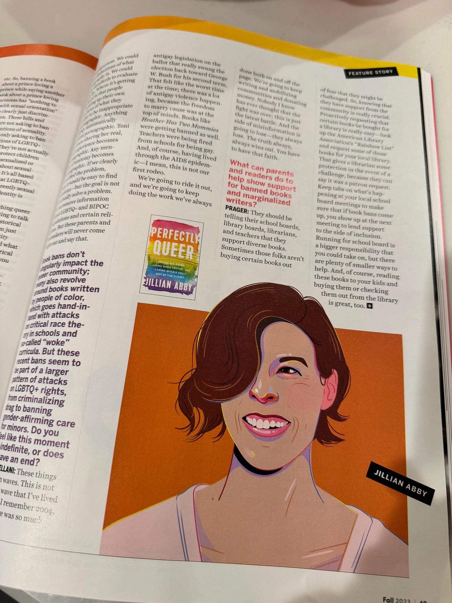 Cartoon image of author Jillian Abby in a magazine.