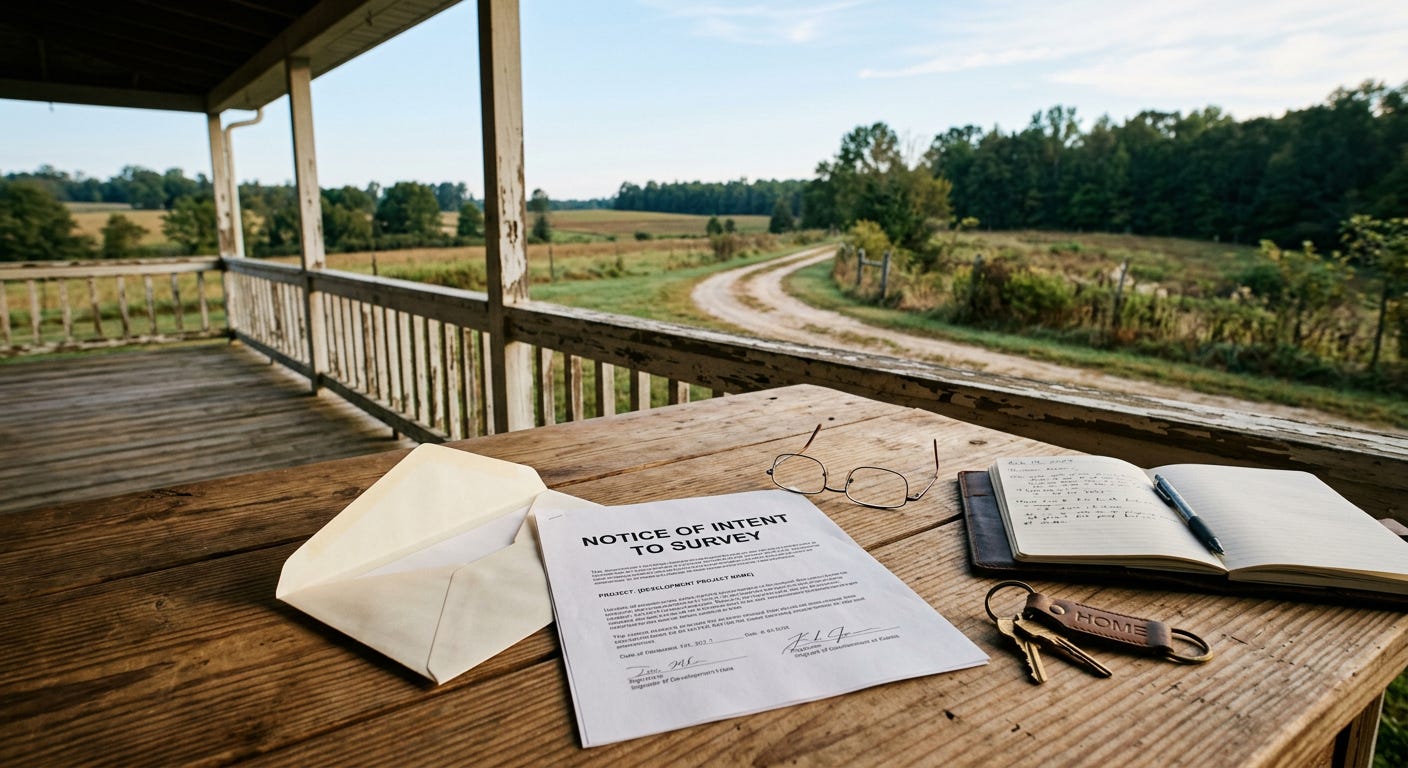 An opened legal survey notice sits on a rustic wooden table next to reading glasses, looking out over a rural driveway and agricultural land in early morning light. An opened legal survey notice sits on a rustic wooden table next to reading glasses, looking out over a rural driveway and agricultural land in early morning light.