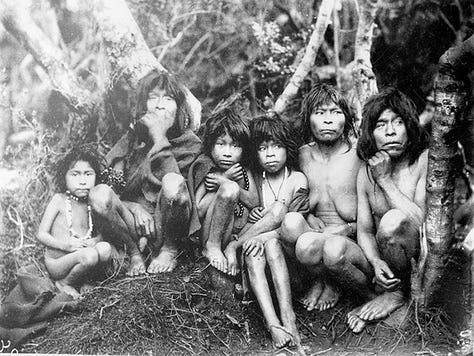 A British missionary family, an indigenous Yahgan family, and houses with fences overshadowed by mountains