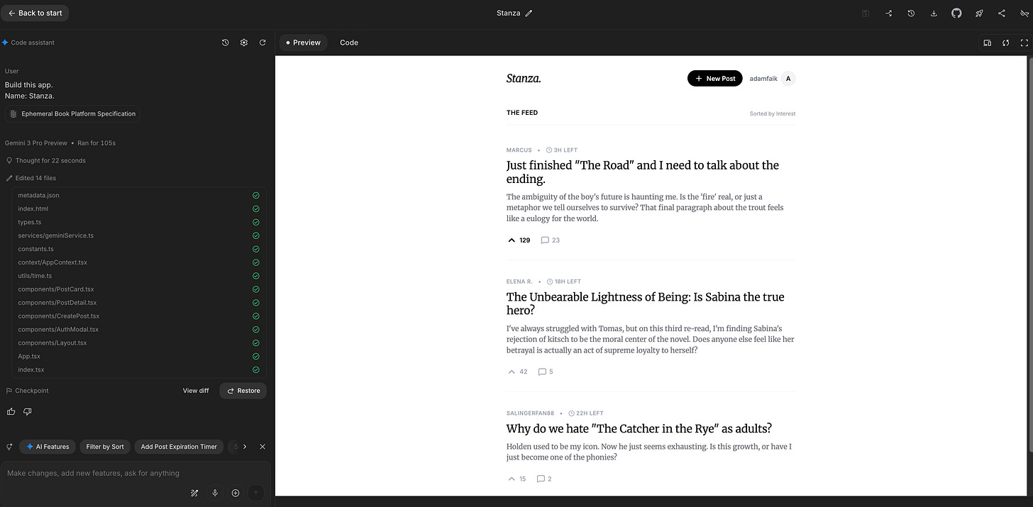 A web page preview inside Google AI Studio shows a feed with two sample text posts and upvote counters. A web page preview inside Google AI Studio shows a feed with two sample text posts and upvote counters.
