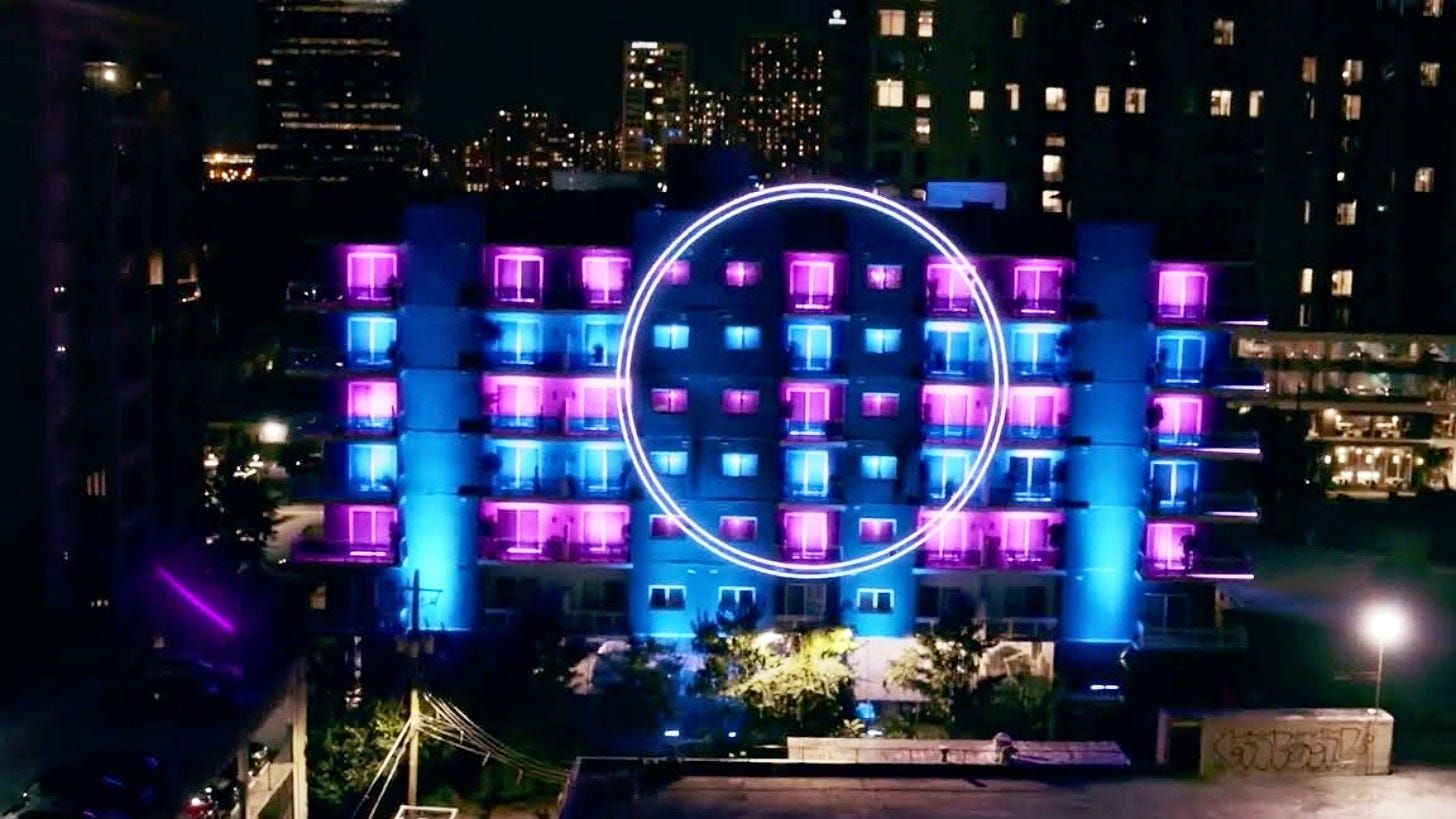 The Circle's apartment building during the show's Netflix run, before its move to Hulu. Image: Netflix on YouTube The Circle's apartment building during the show's Netflix run, before its move to Hulu. Image: Netflix on YouTube