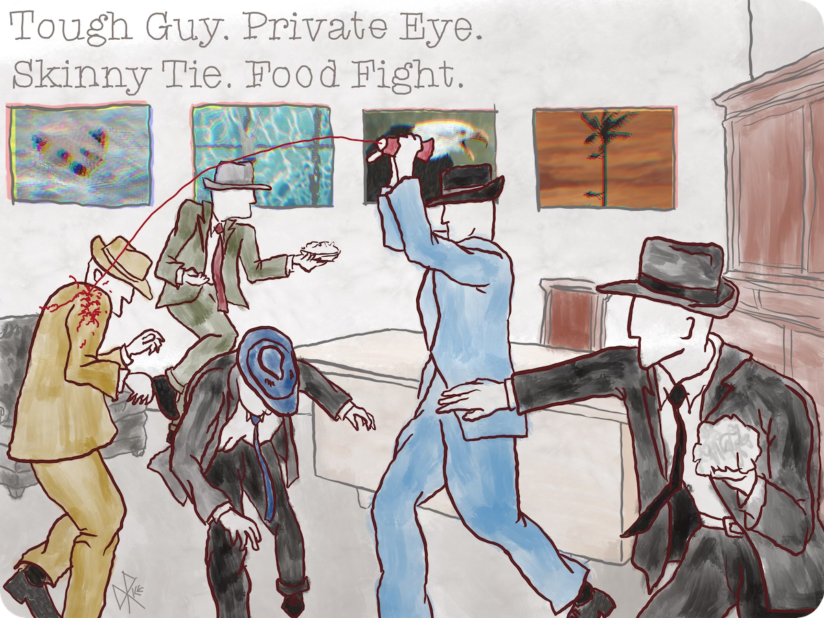 Cartoon of a bunch of fedora wearing 1930s dicks having a food fight. Sketch art by Don Rice. Cartoon of a bunch of fedora wearing 1930s dicks having a food fight. Sketch art by Don Rice.