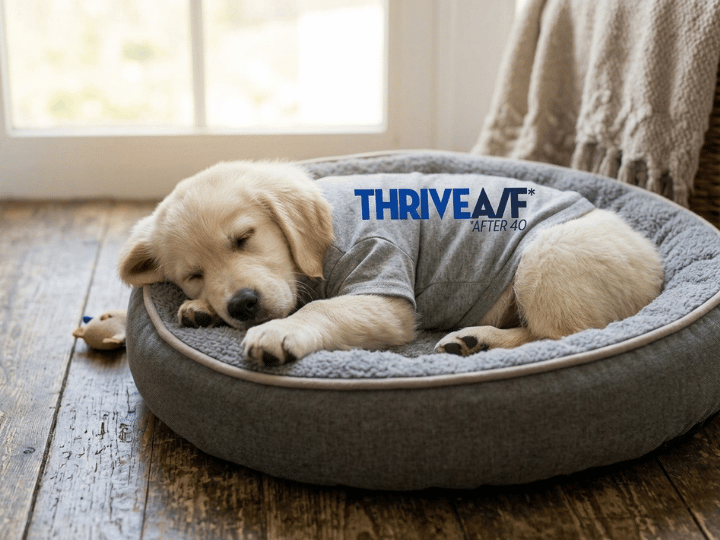Sleeping dog with Thrive A/F t-shirt.