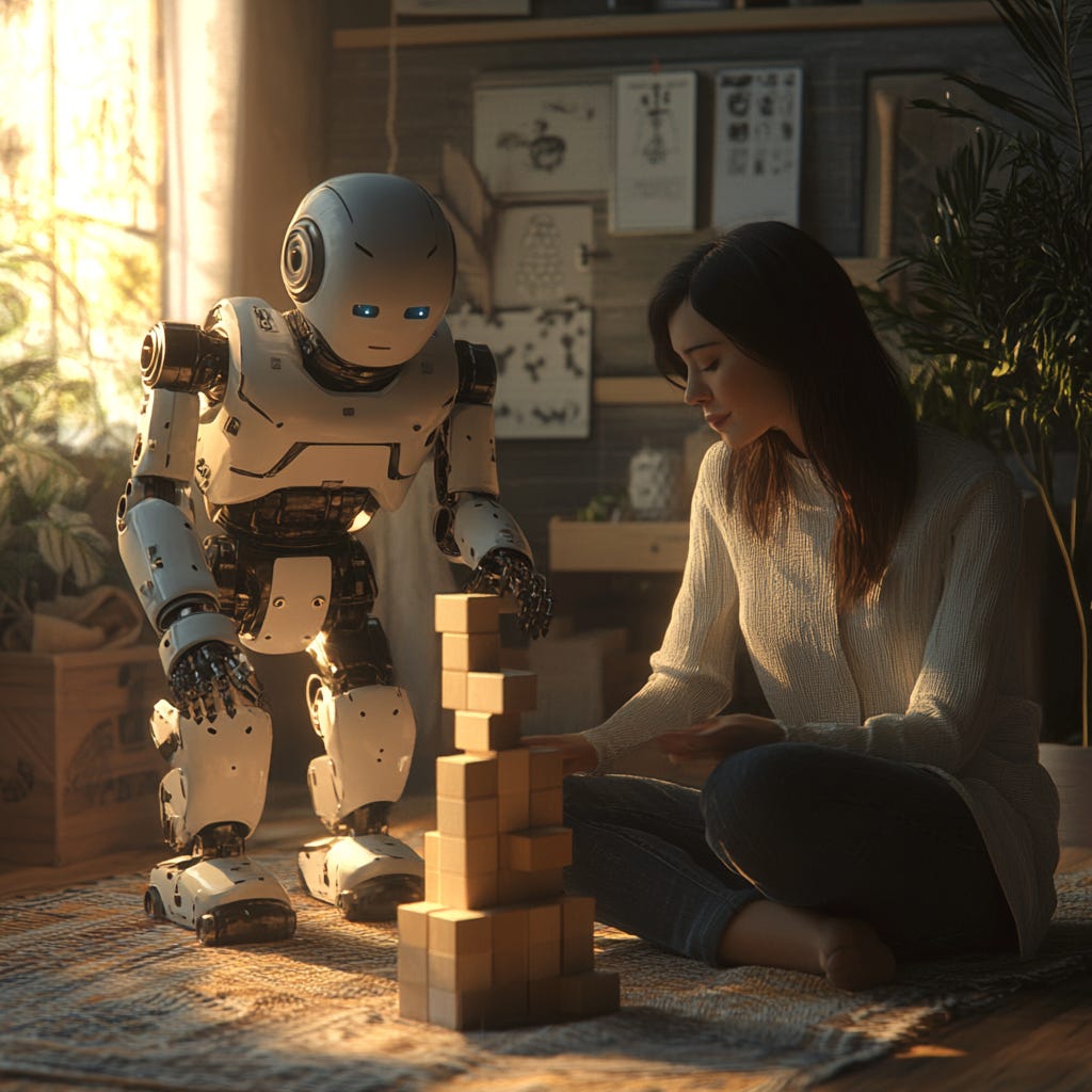 A young woman and a robot sitting a cosy room. They are building a tower of wooden blocks. A young woman and a robot sitting a cosy room. They are building a tower of wooden blocks.