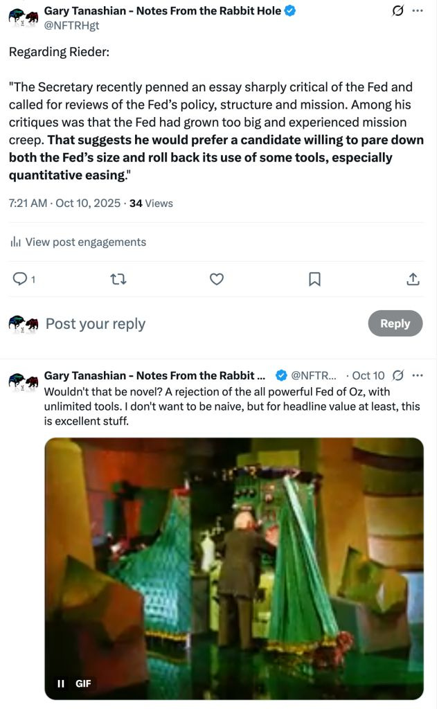 Screenshot of a Twitter post discussing criticism of the Federal Reserve and its policies, with text highlighting critiques intended to reduce the Fed's size and tools, including quantitative easing.