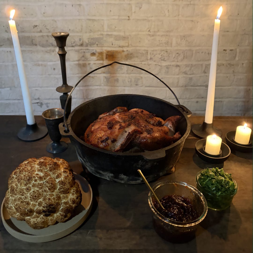 Roast Duck with Dried Fig, Prune & Lapsang Souchong Tea Jam Glaze Over White Beans, Roast Cauliflower with Gremolata