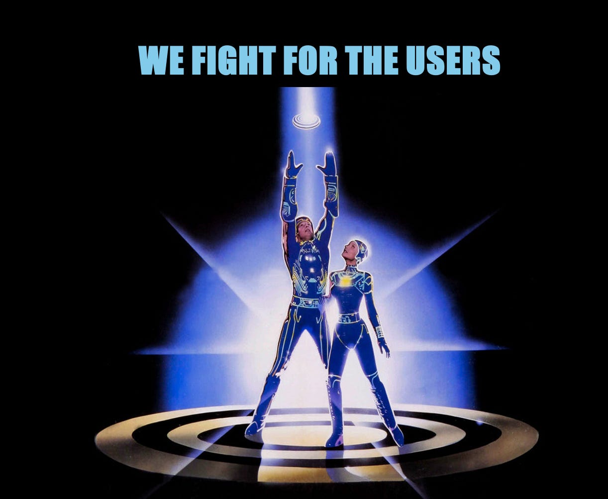 alt text: Tron 1982, https://www.imdb.com/title/tt0084827/, perhaps the first great computer-animated film