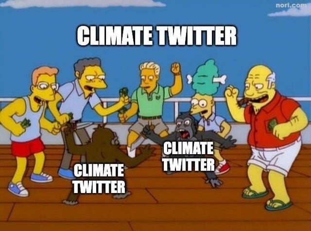 Simpsons still of men cheering around two monkeys fighting on a boat deck. Every figure is labelled "Climate Twitter".
