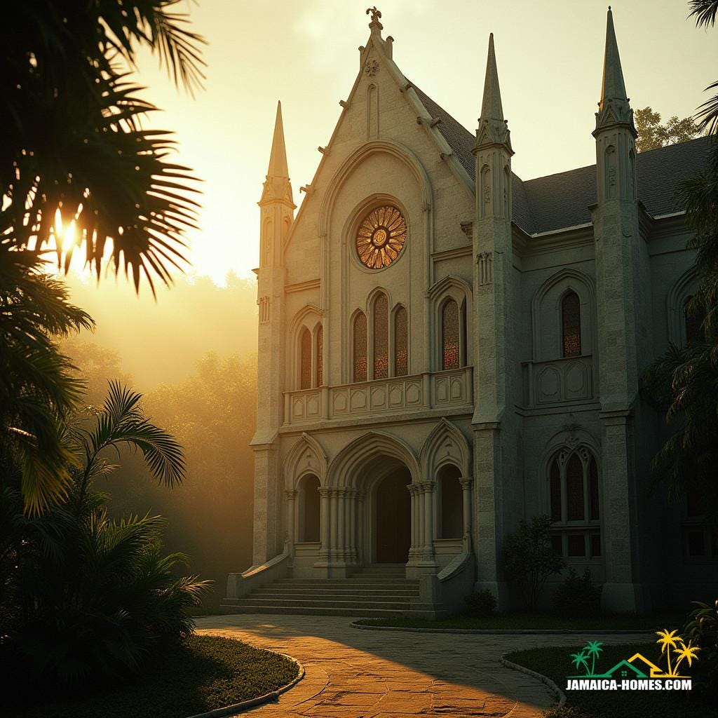 Majestic Gothic Revival architecture rises amidst Jamaica's lush Caribbean landscape, warm golden light casting long shadows across intricately carved stone facades, stained glass windows glowing like embers, as if shot on 35mm film with a V-Raptor XL camera, cinematic lighting accentuating dramatic textures, atmospheric haze enveloping the scene, film grain and vignette adding a sense of nostalgia, post-processed to perfection with a color grade that enhances the epic, stunning, and dramatic quality of the image, reminiscent of the works of cinematographer Emmanuel Lubezki, with the atmospheric depth of a Ryan Coogler film, and the masterful lighting of a Stanley Kubrick classic.