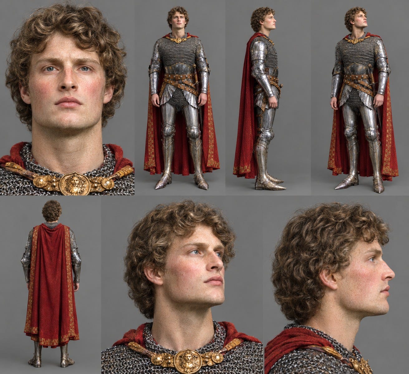 First character reference sheet: King Arthur from seven angles, bareheaded, sword sheathed