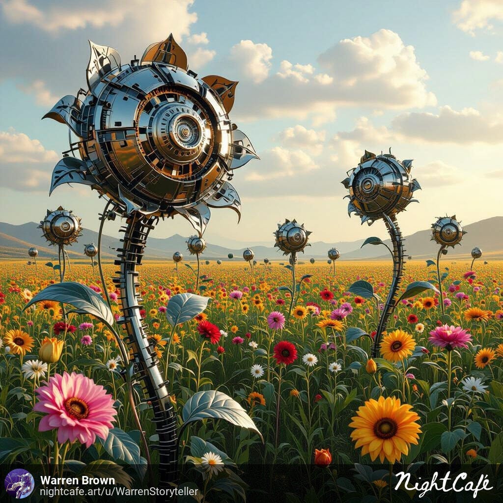 Mechanical flowers growing on a field.