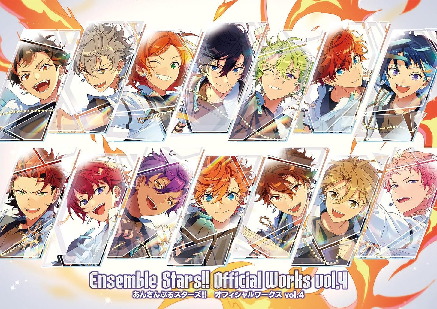 Cover of Ensemble Stars!! Official Works vol.4 featuring 16 male anime-style characters arranged in two horizontal rows. Each character is framed in an angular panel with bright, warm lighting and energetic poses. Most are smiling or winking, with vibrant hairstyles in various colors like red, green, purple, and blue. The title is displayed at the bottom in English and Japanese, with a background of stylized flame motifs.