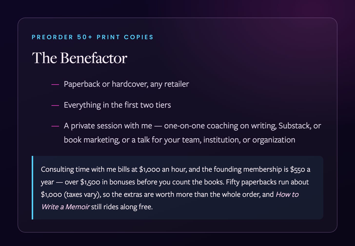 The Benefactor tier — 50 plus print copies includes a private session with Amy, over 1500 dollars in bonuses The Benefactor tier — 50 plus print copies includes a private session with Amy, over 1500 dollars in bonuses