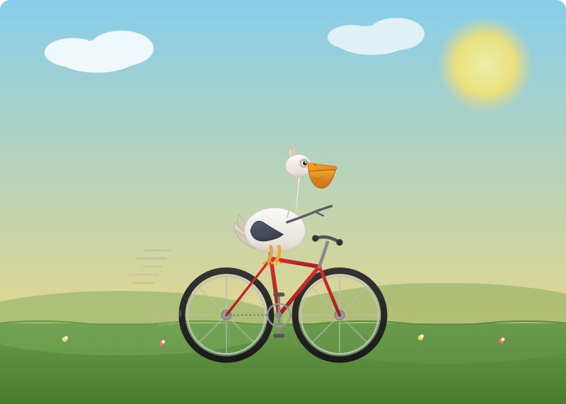 The bicycle is red and has a frame the correct shape and wheels with spokes. The pelican is a perky little fella.