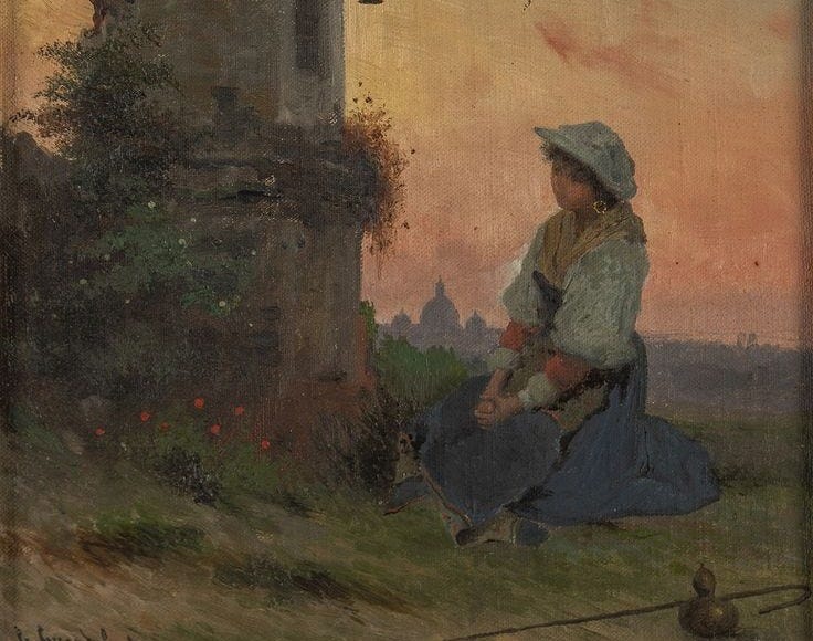 This may contain: a painting of a woman sitting on the ground next to a building with a lantern hanging from it's roof