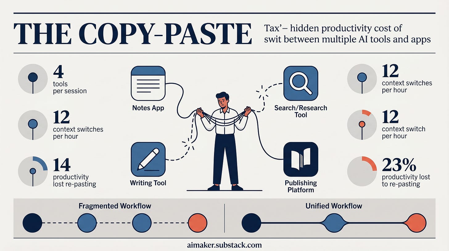 An infographic that visualize the copy-paste tax when using AI across multiple tools An infographic that visualize the copy-paste tax when using AI across multiple tools