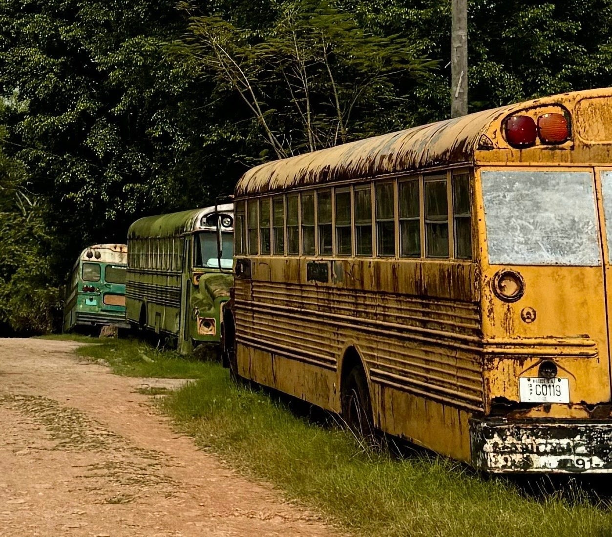 Photo of broken-down school buses taken by author Photo of broken-down school buses taken by author