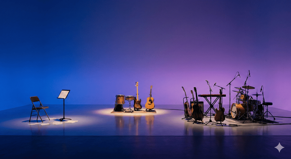 A stage with three setups visible: far left, a single music stand with sheet music and an empty chair (session musician, gone already). Center, a few instruments clustered behind a spotlight (backing band, supporting role). Right, a full circle of instruments and mic stands facing each other (the band). No musicians needed -- the arrangement of the equipment tells the story. A stage with three setups visible: far left, a single music stand with sheet music and an empty chair (session musician, gone already). Center, a few instruments clustered behind a spotlight (backing band, supporting role). Right, a full circle of instruments and mic stands facing each other (the band). No musicians needed -- the arrangement of the equipment tells the story.