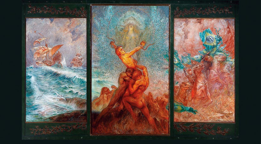 O Gemini disse
A imagem apresenta a obra "Minha Terra" (1922), de Helios Seelinger, um tríptico que retrata elementos da história e cultura brasileira. No painel da esquerda, caravelas navegam em um mar agitado com ondas verdes e brancas. O painel central exibe figuras humanas em tons de vermelho e laranja, com uma figura centralizada que parece estar acorrentada sob uma entidade mística radiante. O painel da direita mostra figuras a cavalo carregando a bandeira do Brasil em meio a uma atmosfera dinâmica de cores quentes.
O Gemini disse
A imagem apresenta a obra "Minha Terra" (1922), de Helios Seelinger, um tríptico que retrata elementos da história e cultura brasileira. No painel da esquerda, caravelas navegam em um mar agitado com ondas verdes e brancas. O painel central exibe figuras humanas em tons de vermelho e laranja, com uma figura centralizada que parece estar acorrentada sob uma entidade mística radiante. O painel da direita mostra figuras a cavalo carregando a bandeira do Brasil em meio a uma atmosfera dinâmica de cores quentes.