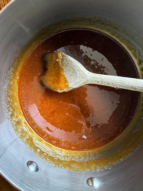 first photo shows mostly dry sugar with some lumps, second photo is an amber liquid with large crystallised lumps, third photo is a smooth amber caramel.