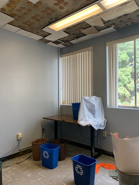 images depict ceilings with fallen tiles exposing brown glue, flooded desks and classrooms, buckets to carry water for leaks, furniture cover with plastic bags