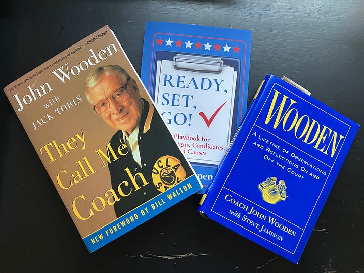 Images of books about John Wooden and Playbook for Campaigns, Candidates, and Causes