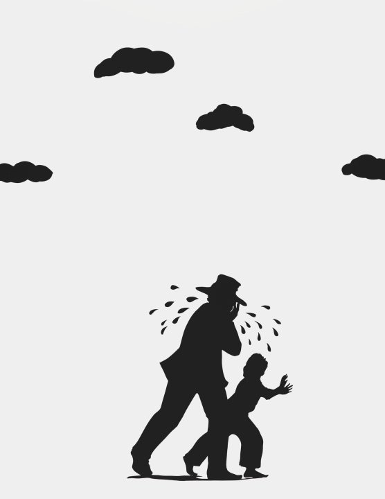 Silhouette by Kara Walker showing an adult figure crying dramatically with a child beside them, framed by floating clouds. Silhouette by Kara Walker showing an adult figure crying dramatically with a child beside them, framed by floating clouds.