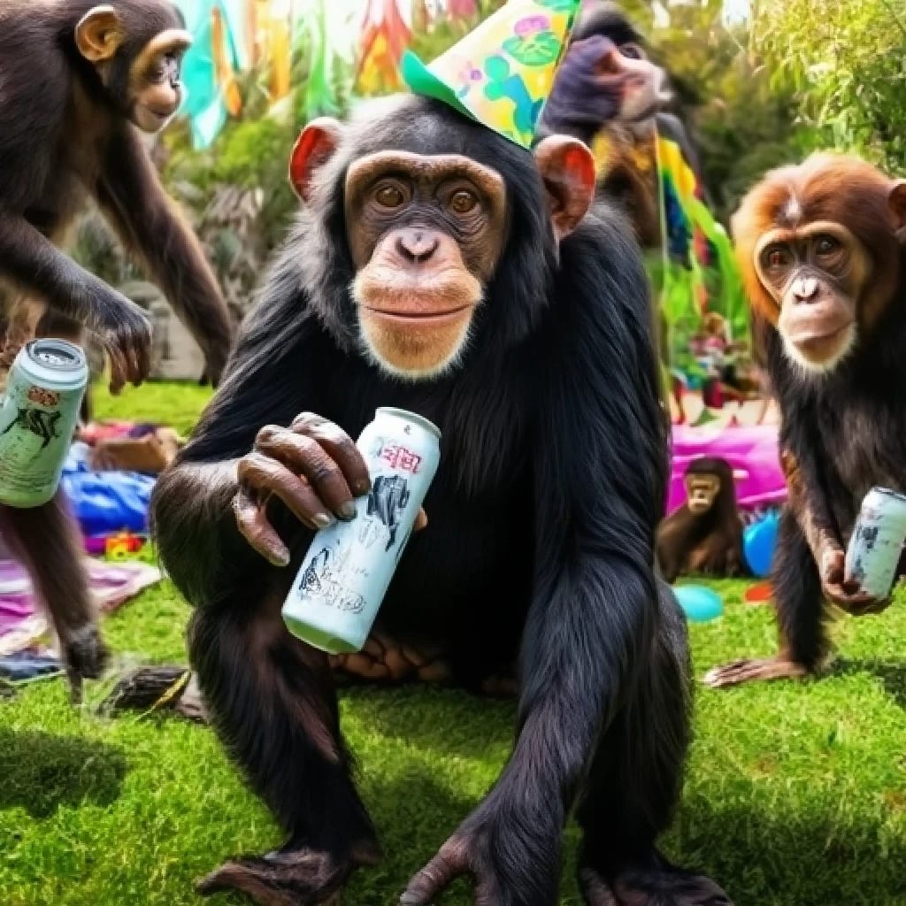 Monkey drinking white claw hard seltzer partying with other monkeys
