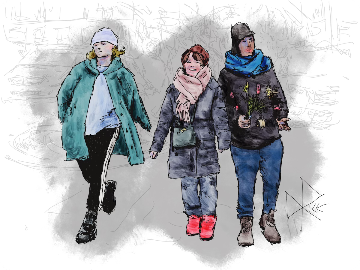 Three people walking across an intersection on a cool spring day. One of them holds a bouquet of wilting flowers in one of his hands. Sketch art by Don Rice.