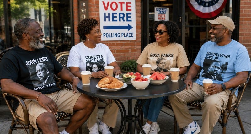 Group of Black people enjoying brunch outside of a polling station and wearing various Civil Rights leader shirts
