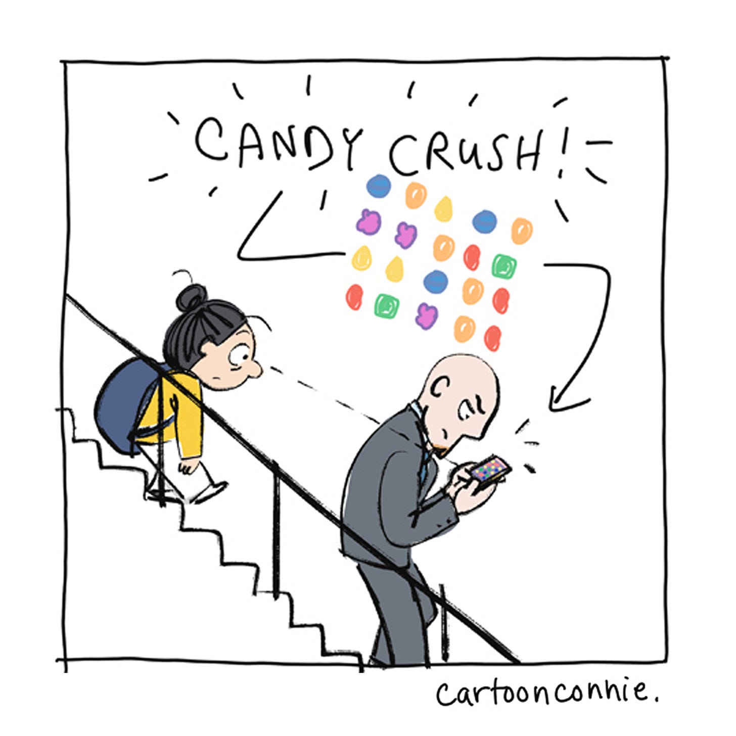 Panel 5/6 of a humorous comic strip illustrating a girl with a bun, riding the New York City subway and observing a man in a suit, intensely playing a game on his phone. Titled "A Very Serious Man," 2026, by Connie Sun, cartoonconnie.