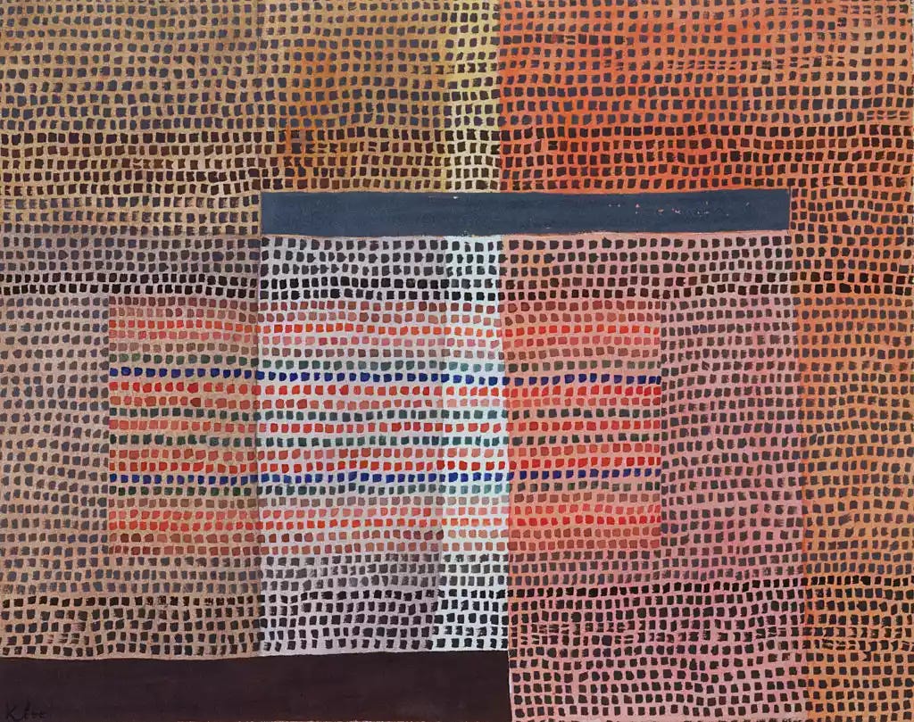 Abstract painting of intersecting grids and squares of different colors, by Paul Klee