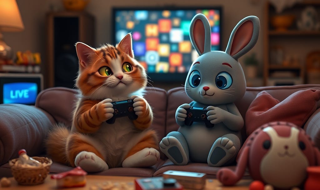 Image: A whimsical scene of a cat and a rabbit sitting side by side on a couch, playing a video game together.