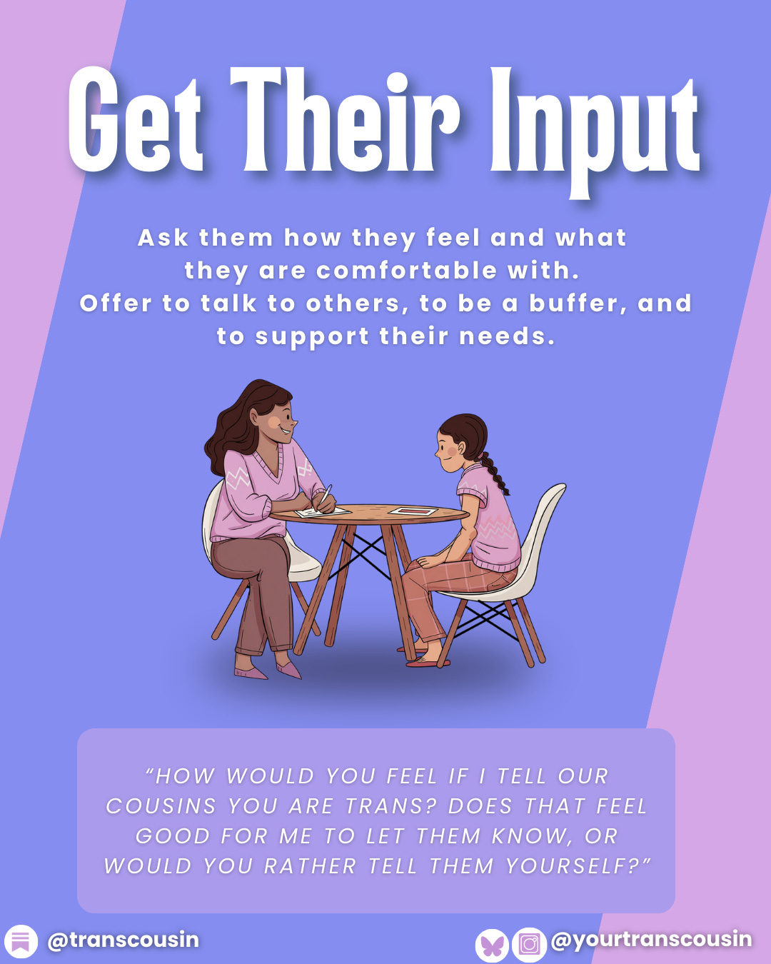 An adult woman of color sits at a round table opposite her tween daughter; they smile and lean in, talking with each other. An adult woman of color sits at a round table opposite her tween daughter; they smile and lean in, talking with each other.