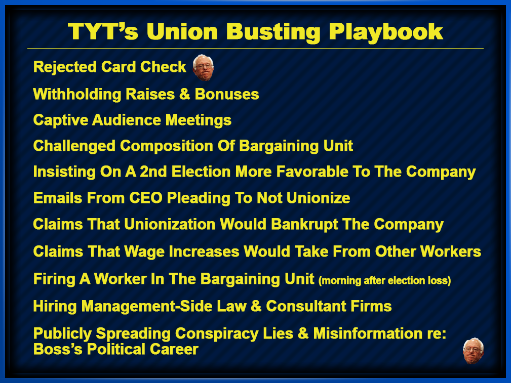Yellow text on a blue background of "TYT's Union-Busting Playbook" listing 11 union-busting tactics Yellow text on a blue background of "TYT's Union-Busting Playbook" listing 11 union-busting tactics