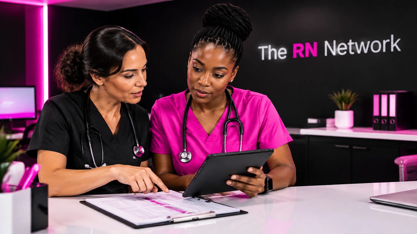 Two registered nurses collaborating over a tablet and clinical chart Two registered nurses collaborating over a tablet and clinical chart