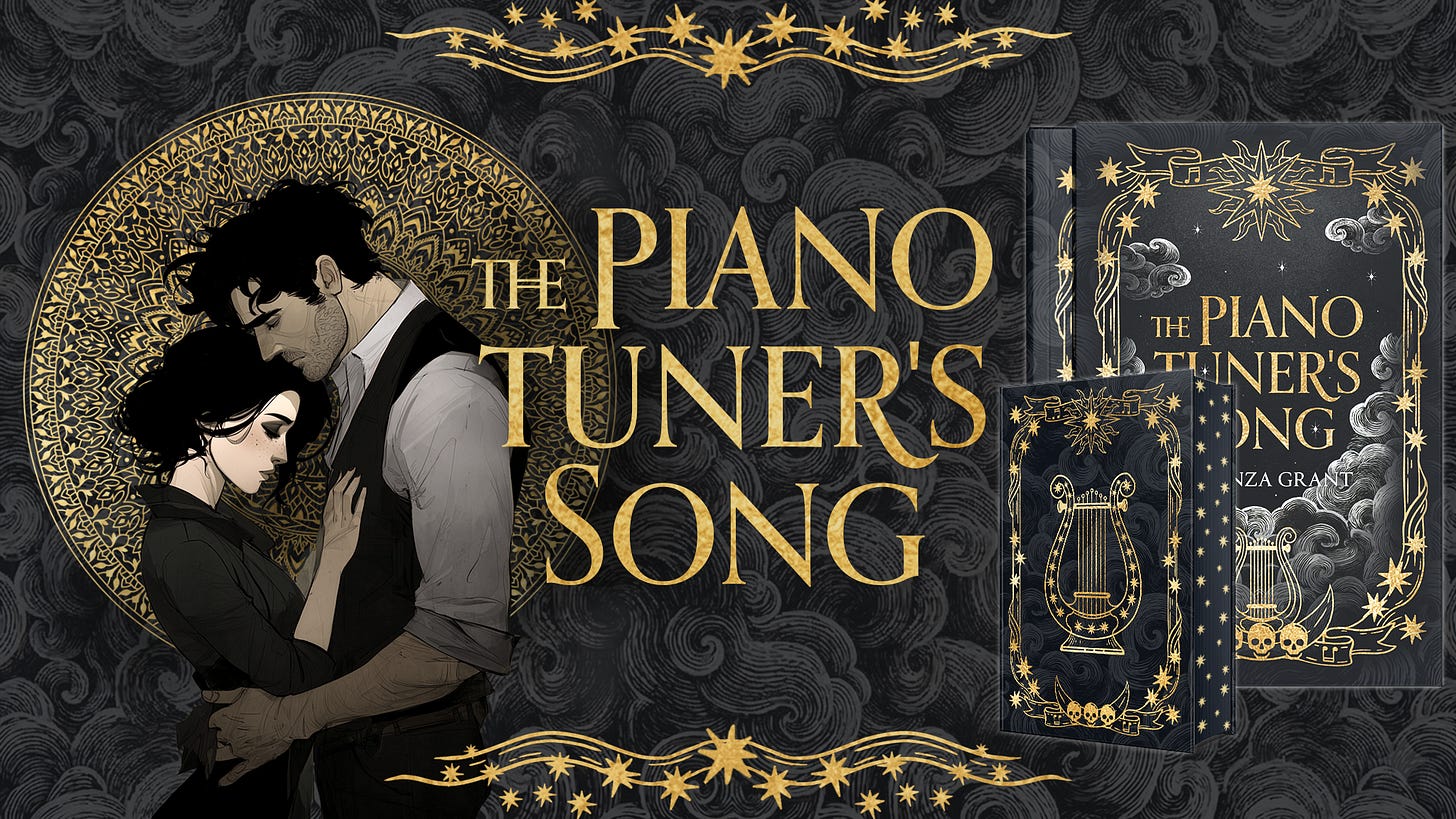The Piano Tuner's Song Kickstarter banner featuring collector's edition books.