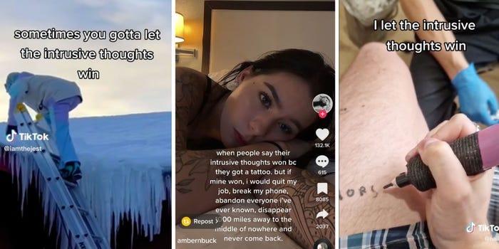 A series of TikTok videos featuring a man on a snowy roof, a woman laying in bed, and a man tattooing his leg. A series of TikTok videos featuring a man on a snowy roof, a woman laying in bed, and a man tattooing his leg.