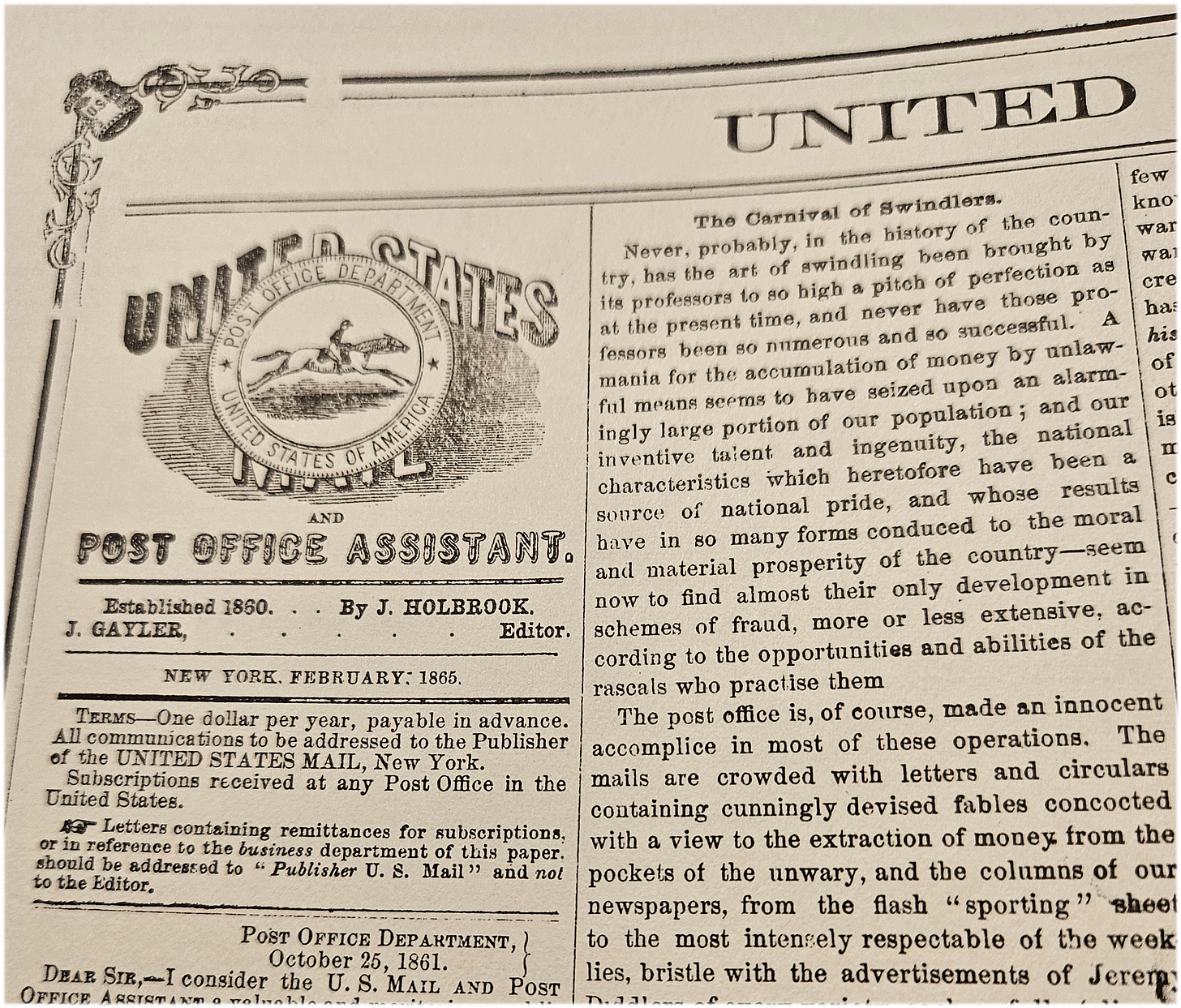 Feb 1865 US Mail and Post Office Assistant clipping on swindlers Feb 1865 US Mail and Post Office Assistant clipping on swindlers