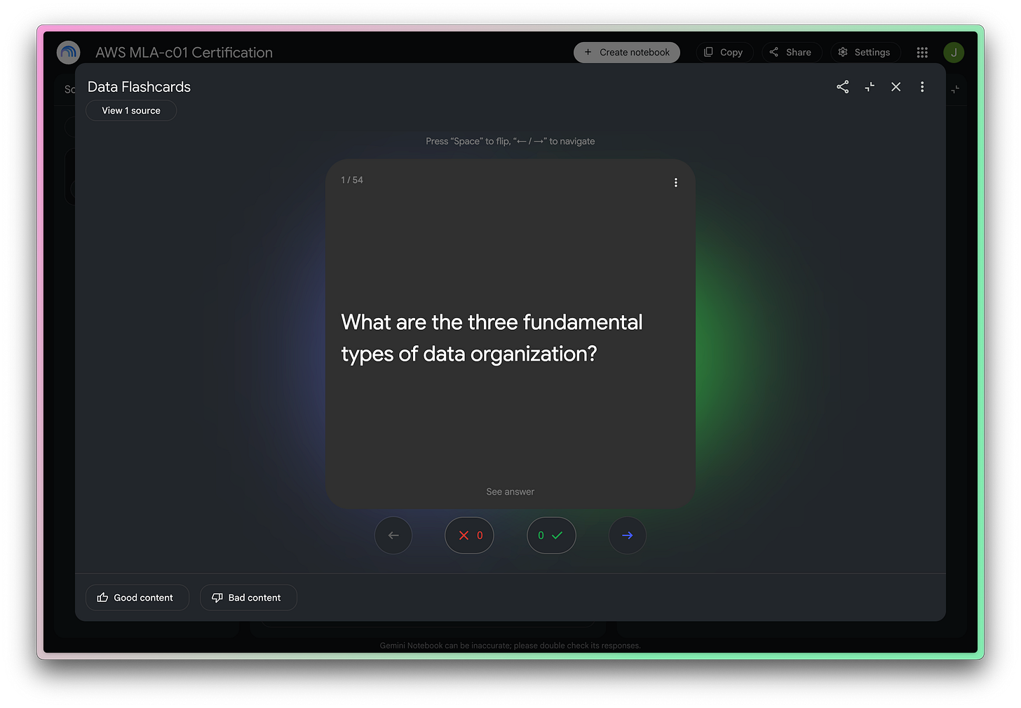 Screenshot of the Gemini Notebook flashcard feature, showing the front of a flashcard