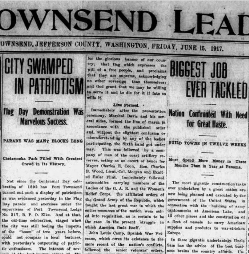 Black-and-white newspaper clipping from the Port Townsend Leader dated June 15, 1917. The left headline reads “CITY SWAMPED IN PATRIOTISM,” while a neighboring headline reads “BIGGEST JOB EVER TACKLED.”
