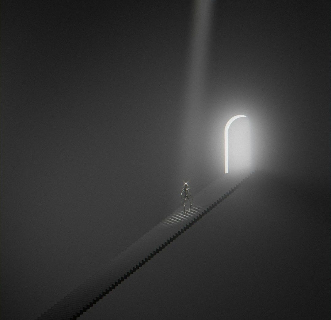 a person standing on top of a hill under a light