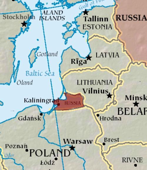 The exclave of Kaliningrad, wedged between Poland and Lithuania in northeast Europe.