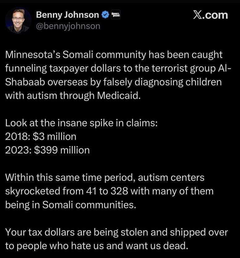 May be an image of text that says 'Benny nyJohnson Johnson bennyjohnson X.com Minnesota's Somali community has been caught funneling taxpayer dollars to the terrorist group Al- Shabaab overseas by falsely diagnosing children with autism through Medicaid. Look at the insane spike in claims: 2018: $3 million 2023: $399 million Within this same time period, autism centers skyrocketed from 41 to 328 with many of them being in Somali communities. Your tax dollars are being stolen and shipped over to people who hate us and want us dead.'