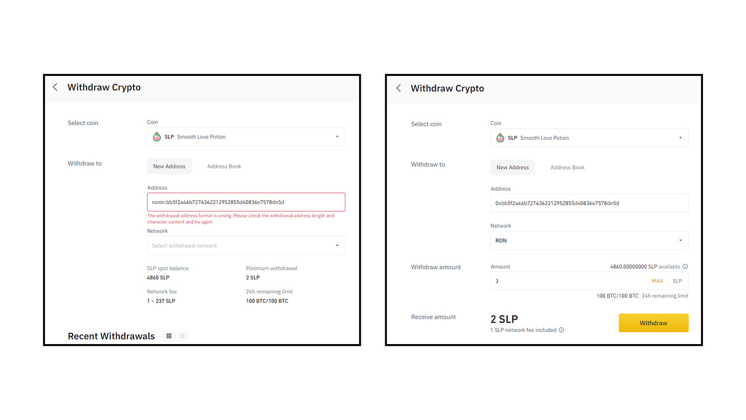 Moving SLP and AXS between Ronin and Binance